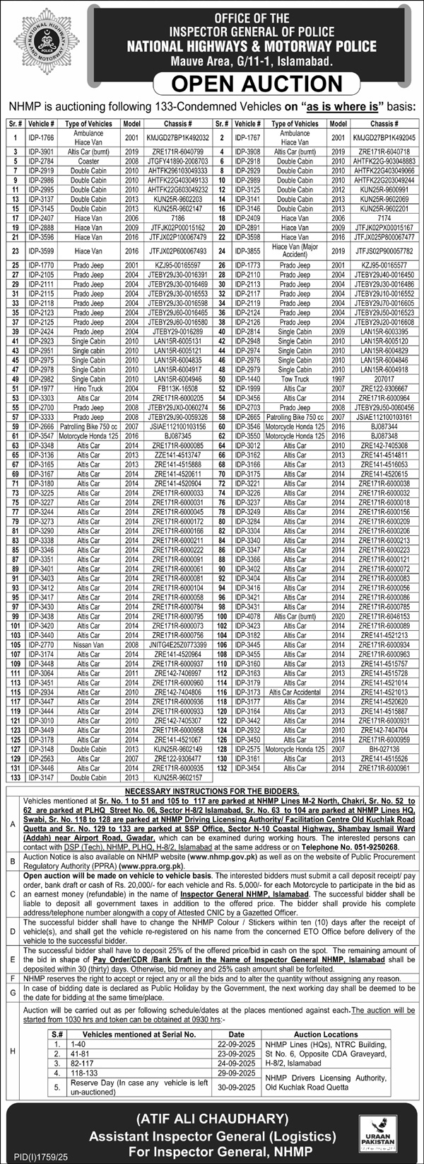 National Highway & Motorway Police Islamabad Tender Notice